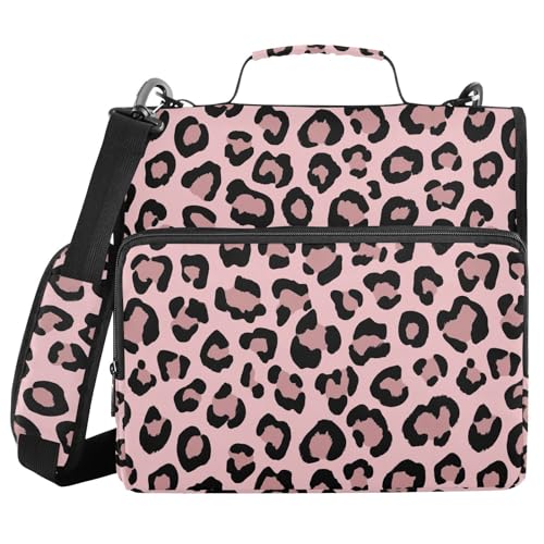 Leopard Pink Pattern 3 Ring Zipper Binder with Shoulder Strap & Handle 1.5 Inch D-Ring Zippered Bag with Pencil Pouch,Multiple Pocket & Expanding File Folder, Binder Organizer for School or Office - color: Leopard Black Light Pink
