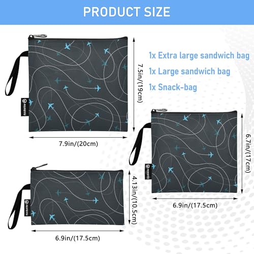 Reusable Food Storage Bags Airplane Adventure 3 Pack Set Lunch Bag Compact Sandwich Snack Bag Small Medium Large for Lunch, Travel & Organization - color: Bag 13
