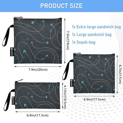 Reusable Food Storage Bags Airplane Adventure 3 Pack Set Lunch Bag Compact Sandwich Snack Bag Small Medium Large for Lunch, Travel & Organization - color: Bag 13