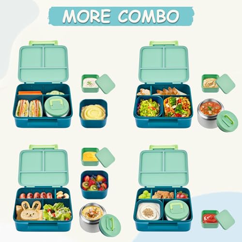 Bento Lunch Box for Kids with 8oz Soup Thermo Leak-Proof Lunch Food Containers with Snack Sauce Container for Kid Girls Boys to School, Green - color: Pure Green