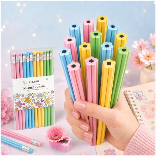 Flower Shaped HB Pencils for Kids, Cute School Supplies, 12 Count | Unique Petal-Like Shavings Design, Encourages Creative Learning, Classroom Prizes, Birthday Gifts, Party Favors - style: Flower Pencils