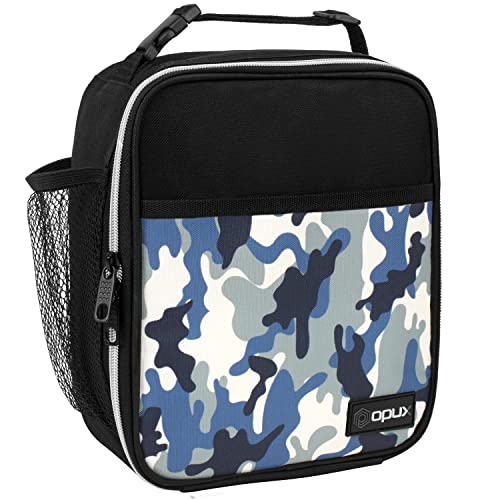 opux Insulated Lunch Bag for Kids Boys Girls, Small Compact Lunch Box with Wide Opening & Mesh Pockets, Reusable Lunch Pail for School, Work, Adults, Men, Women, Camo Blue - color: Blue Camo