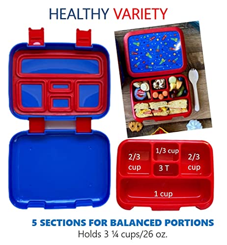 kinsho Bento Lunch Box, Water Bottle, Ice Pack Set For Kids Toddlers, 5 Portion Sections, Removable Plastic Tray, Small Pre School Daycare Lunches, Snack Container, Blue Red Space Rocket - color: Blue Red Rocket Set