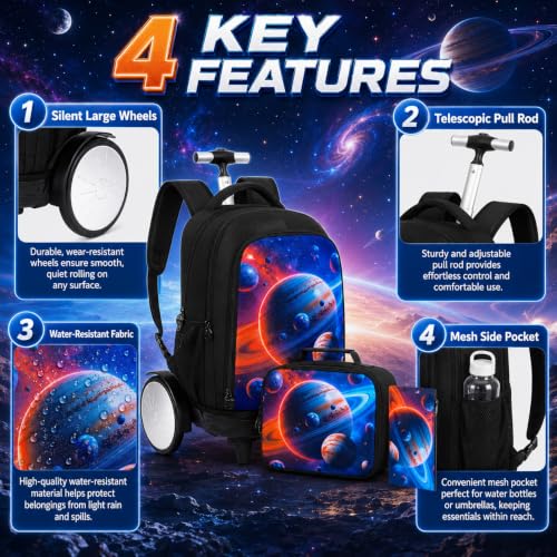 AGSDON Quiet Rolling Backpack with Lunch Box Set – Large‑Wheel Water‑Resistant Wheeled Bag for School, Outings, and Travel | Galactic Earth 3‑Piece Organizer Backpack - color: Big Wheel Rolling Backpack Galactic Earth