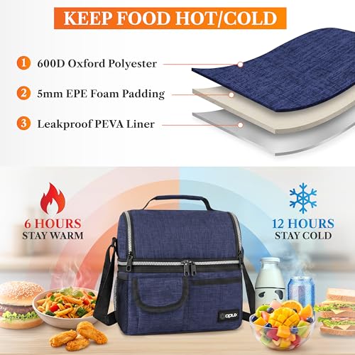 opux Insulated Lunch Bag Women Men, Dual Compartment Leakproof Lunch Box Adults Kids, Double Decker Meal Prep Bento Lunch Cooler Tote with Shoulder Strap for Work Office School Travel, Navy Blue - color: Heather Navy