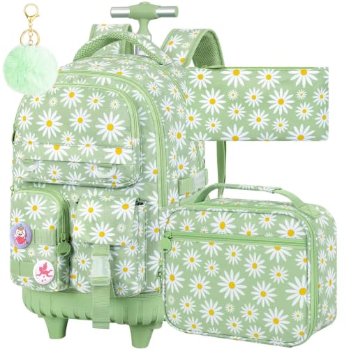 CCJPX 3Pcs Rolling Backpack for Girls, Roller Wheeled School Bookbag, Daisy Wheels Backpacks with Lunch Box for Kids (Green) - color: Daisy Green