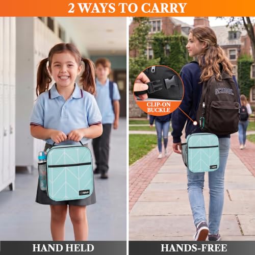 opux Insulated Lunch Bag for Kids Boys Girls, Small Compact Lunch Box with Wide Opening & Mesh Pockets, Reusable Lunch Pail for School, Work, Adults, Men, Women, Teal - color: Teal