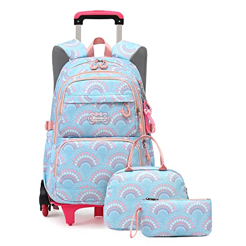 3Pcs Girls Rolling Backpack Kids Bookbag with Wheels Set Elementary Students Outdoors Trolley Schoolbag - color: Blue 6 Wheels-b