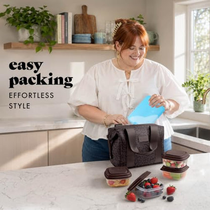 Fit & Fresh Remi Lunch Bag for Women Work – Neoprene Lunch Tote with Containers & Ice Pack, Reusable Meal Prep Lunch Box, Large Capacity, Machine Washable - color: Chocolate Feline Fine