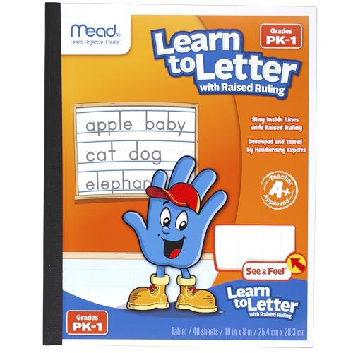 Mead Learn to Letter Writing Tablet, Handwriting Practice Pad Grades PK-1, 10" x 8", Solid & Dotted Raised Ruling, 40 Sheets, 4 Pack (480018) - size: 4 Pack, style: Grades PK-1