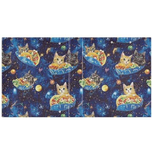 Fustylead Lovely Cats Eating Tacos on Blue Galaxy 3 Ring Binder, D-Rings 1.5" Hardcover Folder, Fits 200 Sheets of A4 Paper, Durable Clipboard & Clean View with Inside Pockets for School Home Office - size: 12.4x10.63x2.36 Inch-2 Pack