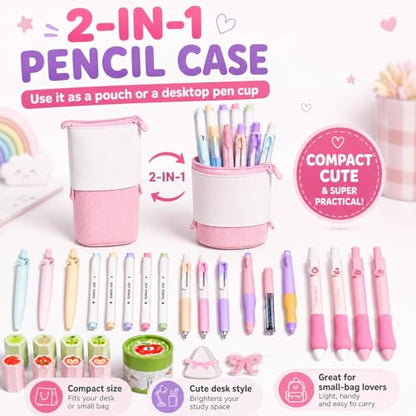Small Cute Pink Standing Pencil Case with Supplies for Girls,Stand up Aesthetic Pouch,Pop up Bag Kawaii Kids Trendy School Stationery Set for Teens & Tweens,Back to School Gifts & College Essentials