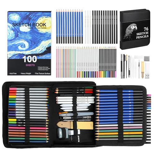 TMOL 76 Pack Art Supplies Sketching Kit with 100 Sheets 3-Color Sketchbook, Drawing Pencils Include Graphite Colored Charcoal Watercolor & Metallic Pencils, Drawing Set for Adults Beginner Artists