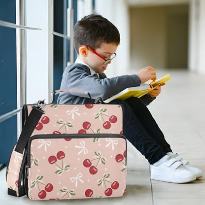 Cherries Bows Pink Pattern 3 Ring Zipper Binder with Shoulder Strap & Handle 1.5 Inch D-Ring Zippered Bag with Pencil Pouch, Expanding File Folder, Binder Organizer for School or Office - color: Cherries Bows Red Pink