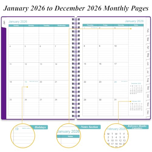 Daily Planner 2026 Full Page Per Day- 2026 Daily & Monthly Planner from January 2026 to December 2026, Day Planner 2026 with 12 Months Tabs, 6.4" x 8,5", Purple - color: Purple, size: 6.4" x 8.5"