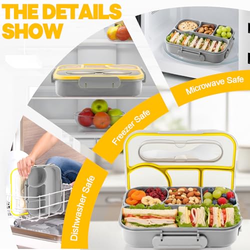Bento Box for Adults,4 Compartments Lunch Box, Snack Containers Reusable Lunch Containers Drop-Proof, Dishwasher Safe & Made with BPA-Free Materials, Grey - color: Gray