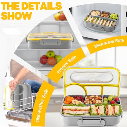 Bento Box for Adults,4 Compartments Lunch Box, Snack Containers Reusable Lunch Containers Drop-Proof, Dishwasher Safe & Made with BPA-Free Materials, Grey - color: Gray