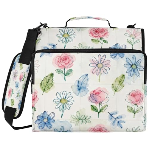Floral Leaves Zipper Binder with 2 Inch D-Rings Expandable File Portfolio with Shoulder Strap, Waterproof Nylon Organizer for 14" Laptop for Work College Travel