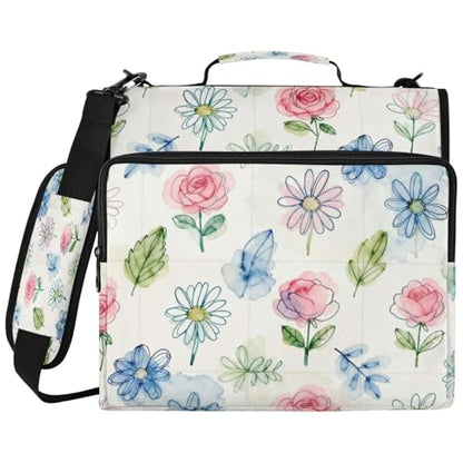 Floral Leaves Zipper Binder with 2 Inch D-Rings Expandable File Portfolio with Shoulder Strap, Waterproof Nylon Organizer for 14" Laptop for Work College Travel