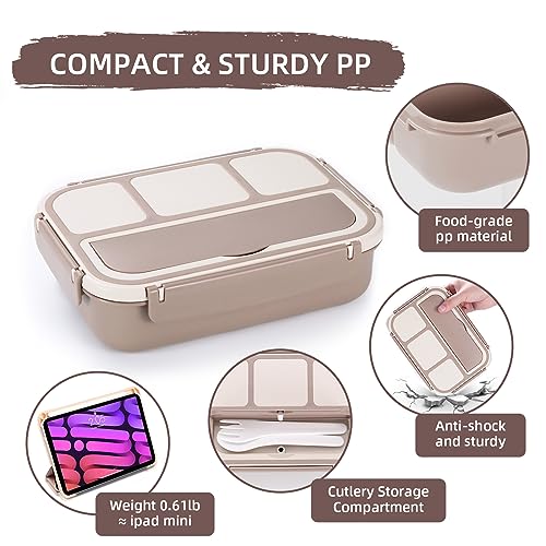 QQKO Bento Box Adult Lunch Box, Lunch Containers for Adults Men Women, Kids Lunch Boxes for School with 4 Compartments, Sauce Container, Utensils and Muffin Cups, Brown - color: Brown