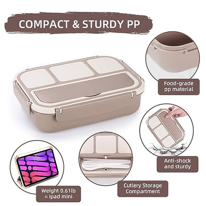 QQKO Bento Box Adult Lunch Box, Lunch Containers for Adults Men Women, Kids Lunch Boxes for School with 4 Compartments, Sauce Container, Utensils and Muffin Cups, Brown - color: Brown
