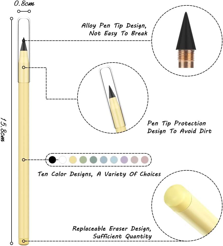 Ainiv Everlasting Pencil - Infinity Pencil with Eraser, Reusable with 10 Replaceable Nibs, Ideal for Home, Office, School and Drawing - color: 10PCS
