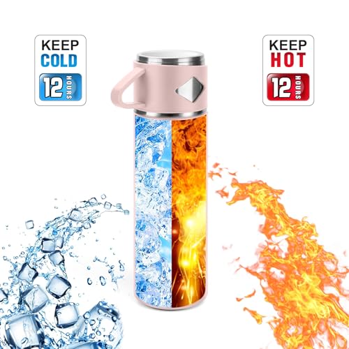 Stainless Steel Thermo 700ml/23.7oz Vacuum Insulated Bottle with Cup for Coffee Hot drink and Cold drink water flask.(Pink,Set) - color: Pink (Set), size: 23.7 Ounces