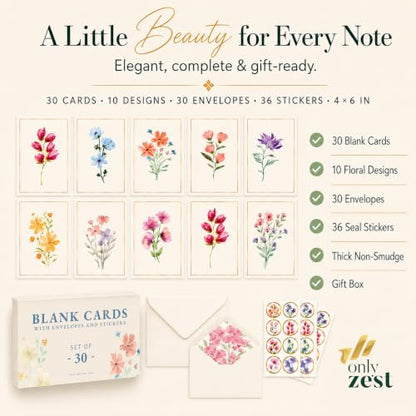 30 Premium Blank Cards with Envelopes & Stickers, 4x6 Inches | Elegant Floral Designs, Versatile and Blank Inside, Organized and Gift-Ready, Perfect for Any Occasion