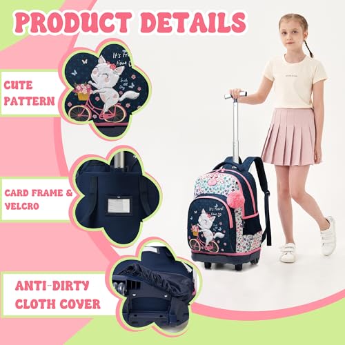 Backpack with Wheels for Girls Rolling Backpack for School with Lunch Bag Cute Carry On Backpacks for Elementary Student - color: Pink Cat