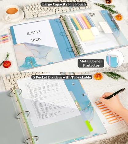2 Inch 3 Ring Binder Organizer with Clipboard, 5-Tabs Pockets Dividers, Plastic Folder, 18 Divider Stikers, KLLVE Three Ring Binder with Pen Loop (Blue Marble, Letter Size) - color: Blue Marble, size: 2in（Letter Size）