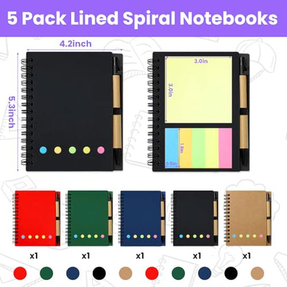 5 Pack Spiral Notebooks with Pen Set, 60 Sheets/120 Pages Lined Small Pocket Notebook and Pen Set Bulk Journals with Sticky Notes for Business Office School, 5 Colors (5)