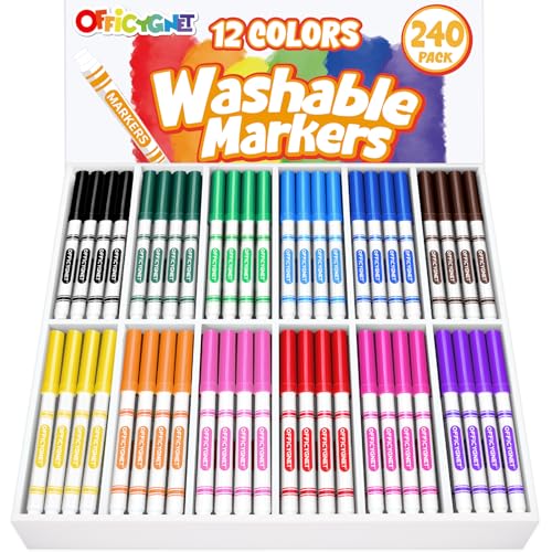 Officygnet 240 Count Washable Markers Bulk, 12 Assorted Colors, Conical Tip with Fine & Broad Line Coloring Marker for Kids, Markers Bulk for Classroom, School Art Supplies, Back to School Essentials