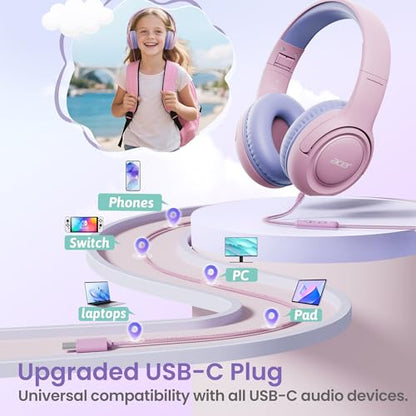 Acer USB-C Kids Headphones - 85/94dB Safe Volume Limited, Foldable Wired Over Ear Headphones for Travel, Toddler Headphones for School, Travel, iPad, Tablet, Purple Pink, HK03C - color: USB-C Purple Pink