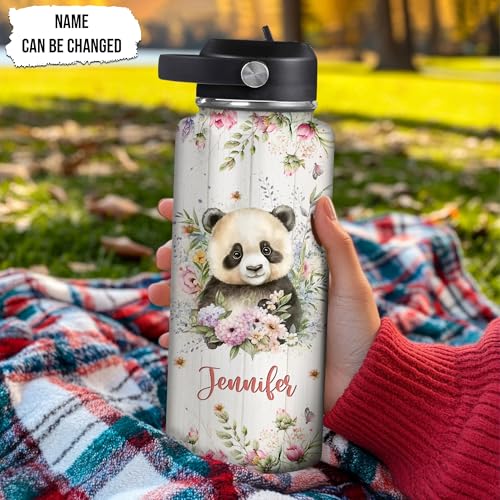 Hyturtle Personalized Panda Water Bottle - Insulated Stainless Steel Bottle with Leak-Proof Lid 18oz 32oz - Floral Panda Gift for Women, Girls, Panda Lovers, Animal Lovers - Birthday & Christmas Gift - color: Panda
