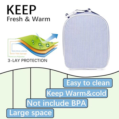 MT WORLD Personalized Lunch Bag Tote Custom Embroidery Name Reusable Seersucker Stripe Pattern Insulated Lunch Box - color: Blue