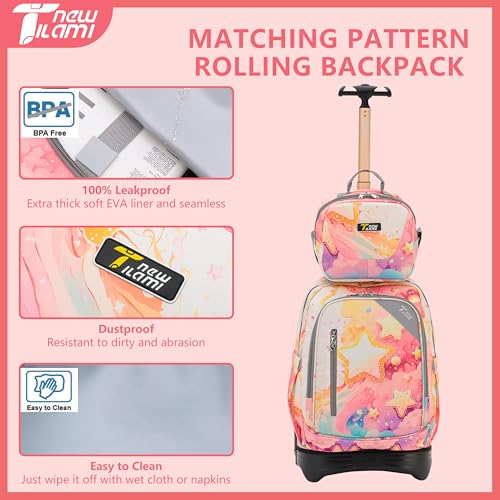 NEW TILAMI 16 Inch Rolling Backpack with Lunch Bag for Kids Adjustable Handle Carry-on Suitcase Wheels for Girls Boys School Travel Camping, Starry Rainbow - color: Starry Rainbow