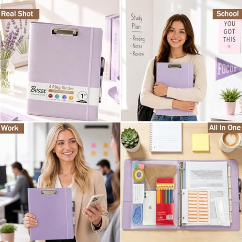 Leather 3 Ring Binder, 2 Inch Binders with Clipboards, 5-Tabs Pockets Dividers, 18 Divider Stikers, Plastic Folder, Pen Holder, Three Ring Binder with Pen Holder(Purple, Letter Size) - color: Purple, size: 2in（Letter Size）
