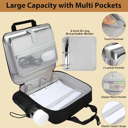 3 inch D-ring Zipper Binder Bag for 700 Sheets&13 inch Laptop Organizer, Detachable Zip Up Binder with Removable Pen Case& Bottle Pocket for Middle High School Office Supplies Storage (Black)