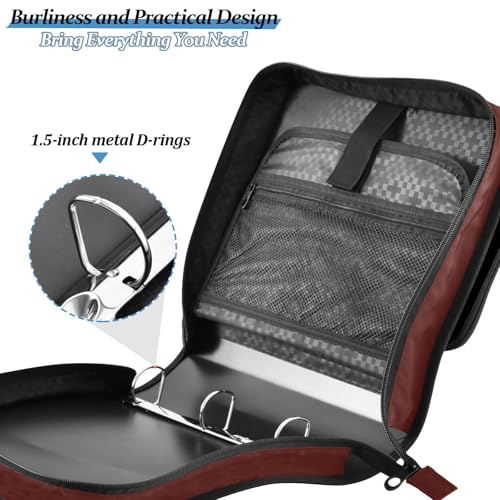 1.5 Inch 3 Rings Binder Zipper with Strap Waterproof School Binders Organizer for School/Office Burgundy - color: Burgundy