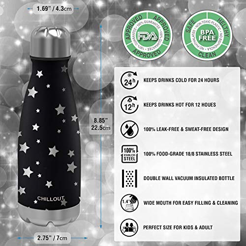 CHILLOUT LIFE 12oz Kids Insulated Stainless Steel Water Bottle, Leak Proof | Small Metal Water Bottle, Keeps Drinks Cold 24H & Hot 12H, Leak-Proof Screw Lid, Perfect for School, Travel & Sports - color: Star Night Sky