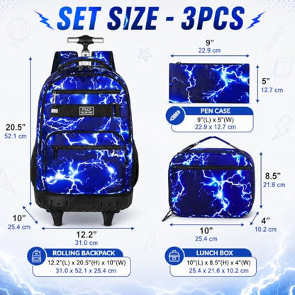 gxtvo Rolling Backpack for Men, Wheeled Bookbag with Lunch Box for Adults, Kids Water Resistant Roller School Bag for College Teens Boys Travel - Lightning Blue - color: Lightning Blue