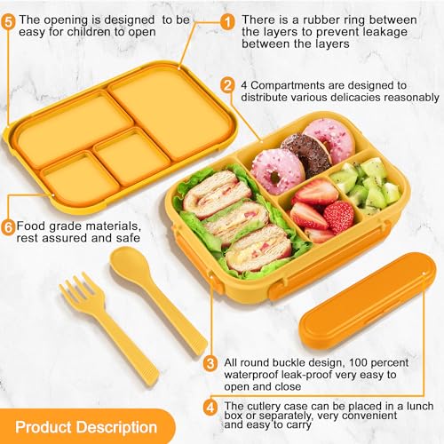 Amathley Lunch Box Kids,Bento Box Adult,Leakproof Lunch Containers for Adults/Kids/Toddler,1200ML-4 Compartments bento Lunch box with Utensil,Microwave & Dishwasher & Freezer Safe (Yellow) - color: Yellow