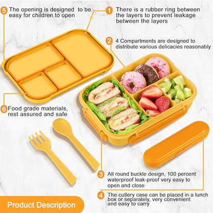 Amathley Lunch Box Kids,Bento Box Adult,Leakproof Lunch Containers for Adults/Kids/Toddler,1200ML-4 Compartments bento Lunch box with Utensil,Microwave & Dishwasher & Freezer Safe (Yellow) - color: Yellow