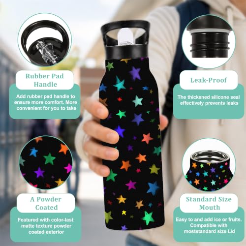 Water Bottles with Straw,Colorful Stars Stainless Steel Cup Leak Resistant Double Wall Black Background Insulated Water Bottle with Handle for Gym Cycling Hiking Office 20 oz - color: Colorful Stars,Black Background