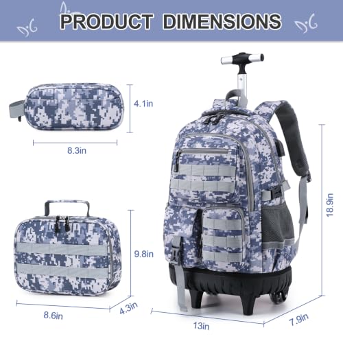 DIGOBAY Camo Rolling Backpack for Boys, 3PCS Tactical Kids Rolling Backpack Set with Lunch Bag & Pencil Case, Boys Wheeled School Bookbag for Elementary, Middle, High School - color: Camouflage Dark Gray