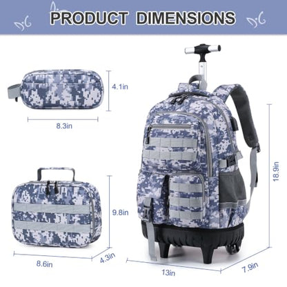 DIGOBAY Camo Rolling Backpack for Boys, 3PCS Tactical Kids Rolling Backpack Set with Lunch Bag & Pencil Case, Boys Wheeled School Bookbag for Elementary, Middle, High School - color: Camouflage Dark Gray