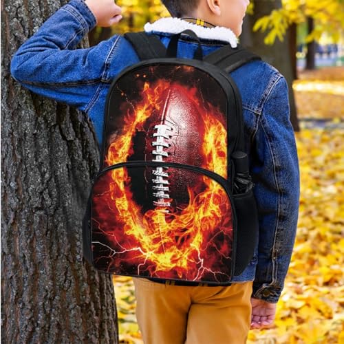 Horeset Football Flame Backpack for School Boys 3 Pack 17inch Schoolbag & Water Bottle Sling Bag & Picnic Lunch Tote Bag Elementary Middle School Bookbag with Side Mesh Pocket Padded Shoulder Straps - color: Football Flame
