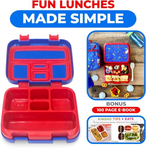 kinsho Bento Lunch Boxes for Boys Toddlers, 5 Portion Sections Secure Lid, Snack Container, Microwave Safe BPA Free Removable Plastic Tray, Pre-School Kid Daycare Lunches, 2 Pack Dinosaur + Rocket - color: Blue Orange & Red