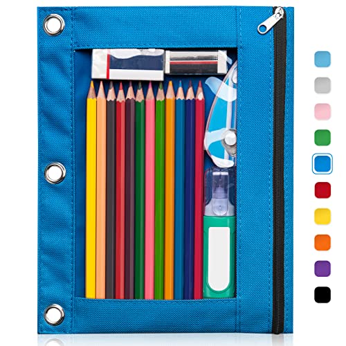 Forvencer Pencil Pouch for 3 Ring Binder, Clear Window Pencil Case with Smooth Zipper, Big Capacity 3 Ring Binder Pencil Bag with 3 Reinforced Grommets, Azure Blue - color: Azure Blue, size: 1 Pack