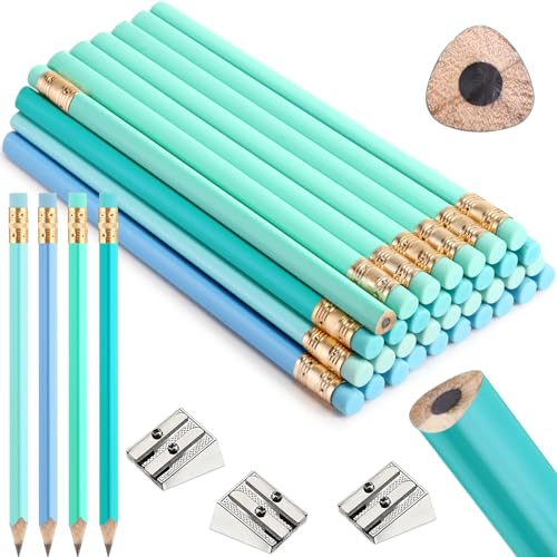 Fainne 48 Pcs Fat Pencils Jumbo Big Thick Large Pencils and 3 Pieces Sharpeners for Kids Beginners Preschoolers Kindergarten School Office Supplies(Turquoise Blue Series,Triangle) - color: Turquoise Blue Series, style: Triangle